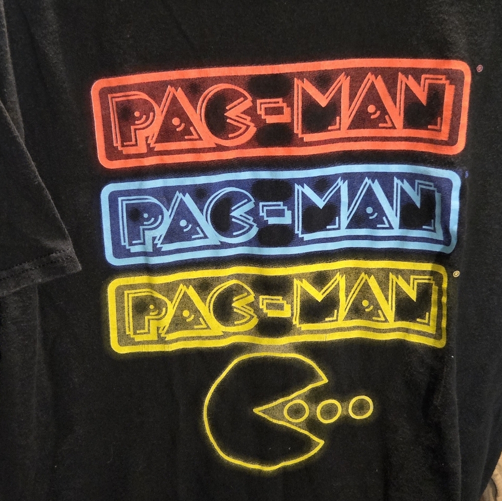 Pac-Man Mens Graphic T-Shirt Black Neon Retro Arcade Logo Size Large L